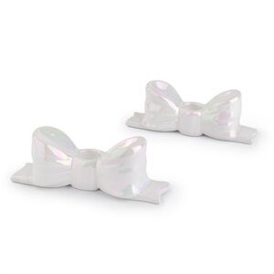 Set of 2 Ceramic Coquette Bow Taper Candle Holders, white iridescent brand new